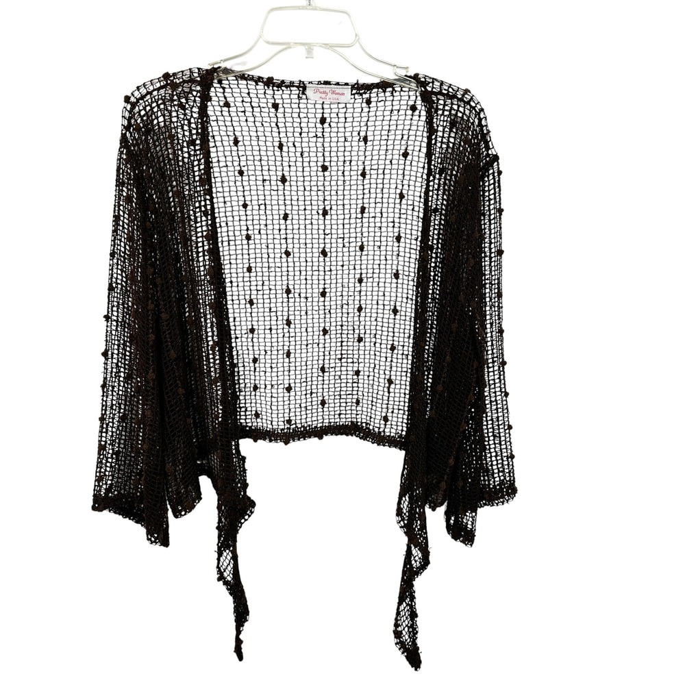 VTG Pretty Woman Shrug Cardigan Brown Open Knit Mesh Sequin Y2K Fairy Grunge 304